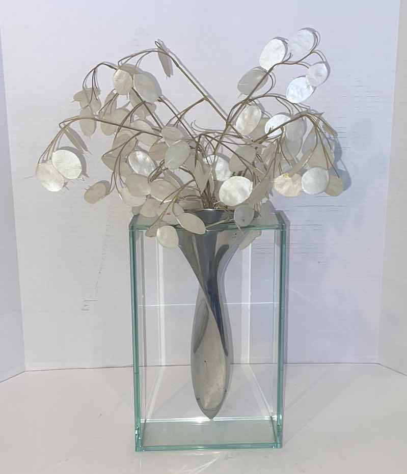 Photo 1 of FAUX LUNERIA MONEY PLANT IN GLASS AND ALUMINUM VASE 21”H