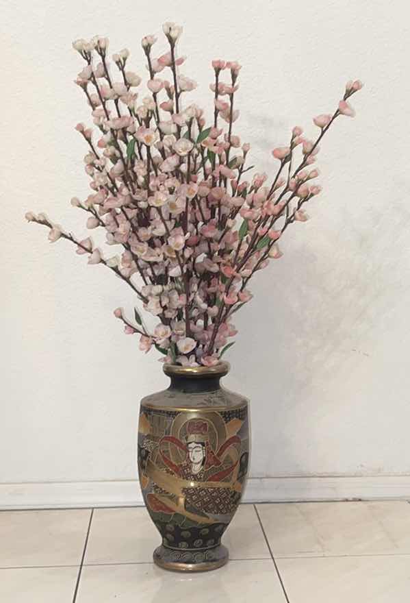 Photo 1 of JAPANESE SATSUMA MORIAGE VASE WITH FAUX CHERRY BLOSSOM BRANCHES 31” H