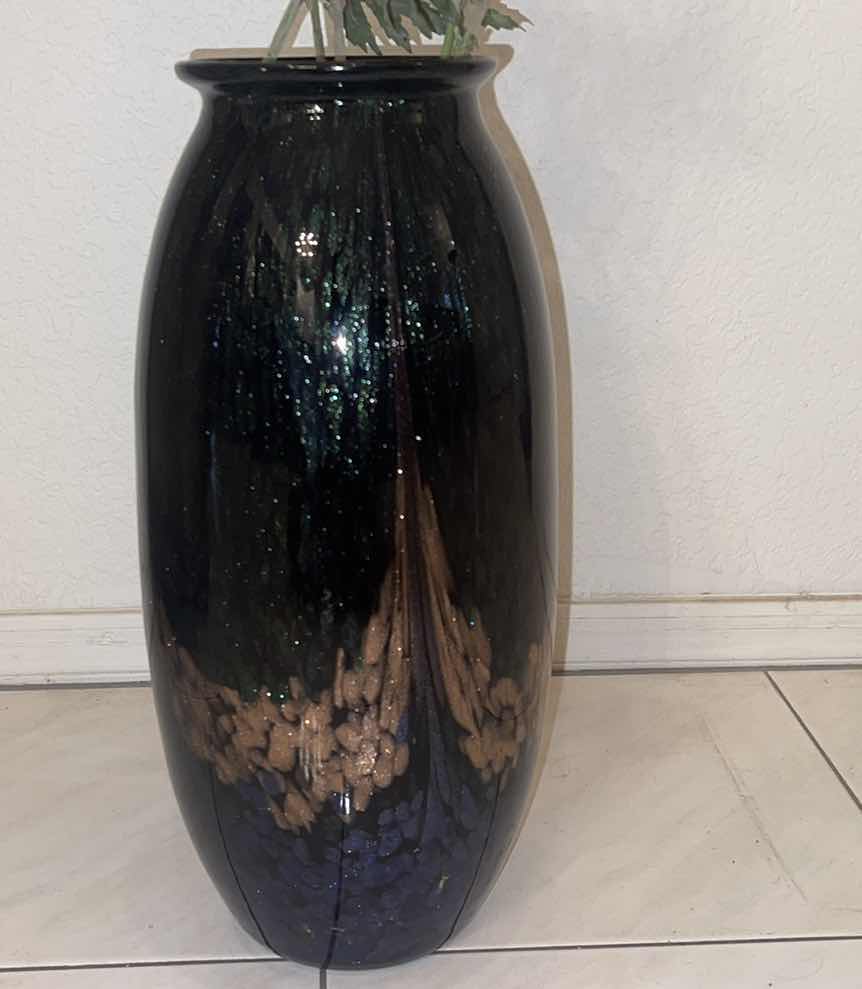 Photo 4 of MURANO-STYLE GOLD BLACK BLUE VASE WITH FAUX FLORAL ARRANGEMENT 16.5”H