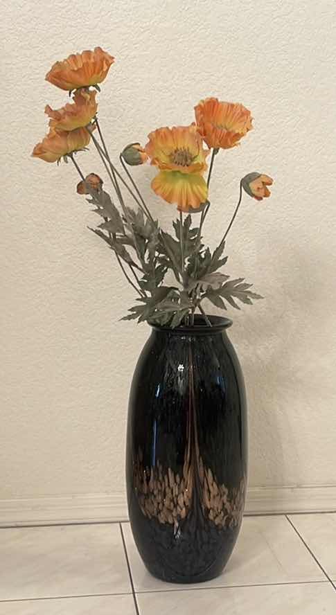 Photo 1 of MURANO-STYLE GOLD BLACK BLUE VASE WITH FAUX FLORAL ARRANGEMENT 16.5”H