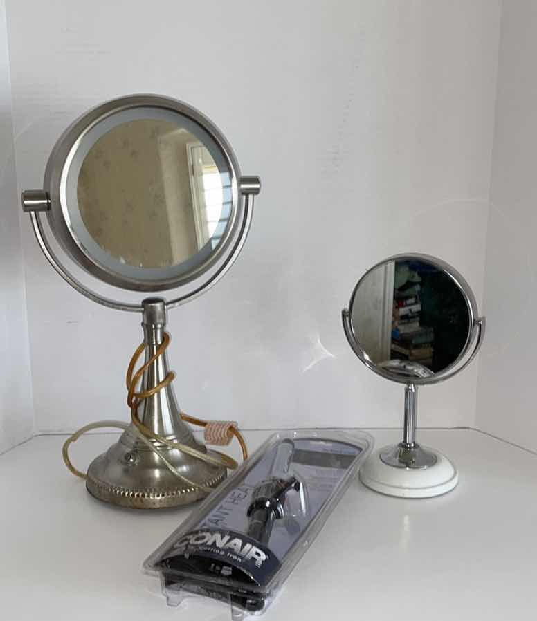 Photo 1 of 2-PERSONAL VANITY MIRRORS 19”H AND 3/4” CONAIR CURLING IRON