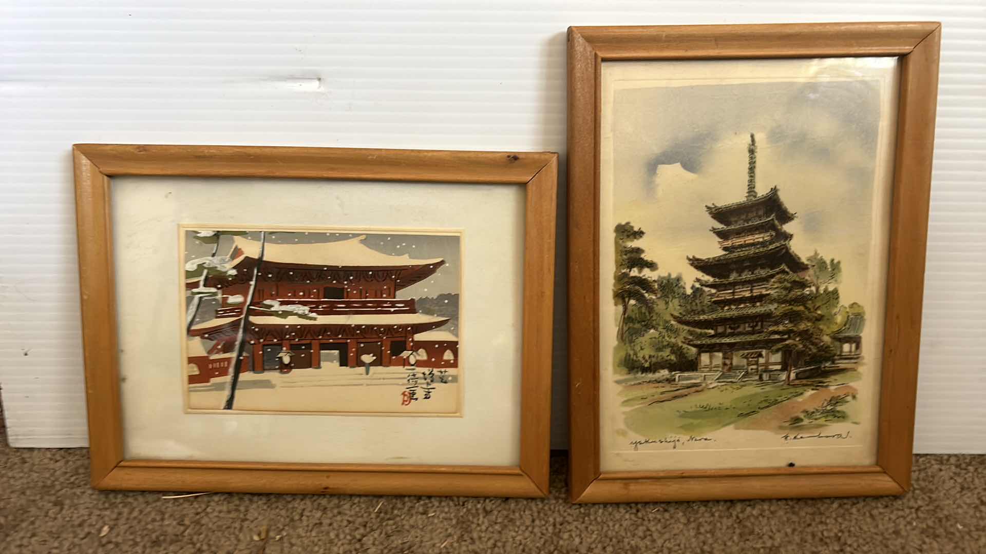 Photo 3 of TWO WOOD FRAMED, JAPANESE PAGODA LANDSCAPE, ARTIST-SIGNED ARTWORK, 6" X H8"