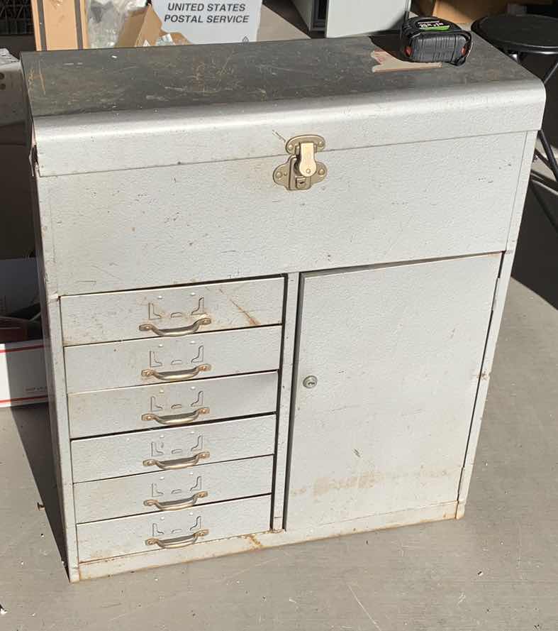 Photo 1 of LARGE METAL TOOL CHEST FILLED WITH ASSORTED SCREWS AND HARDWARE 26” X 10” H 30”