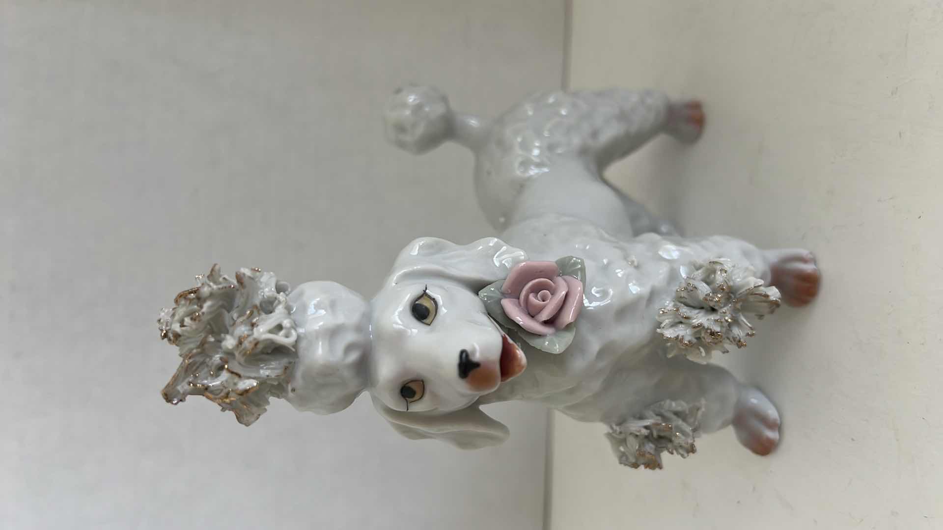 Photo 1 of WHITE SPAGHETTI POODLE DOG FIGURINE PINK ROSE AND PAWS GOLD GILT 6.5”