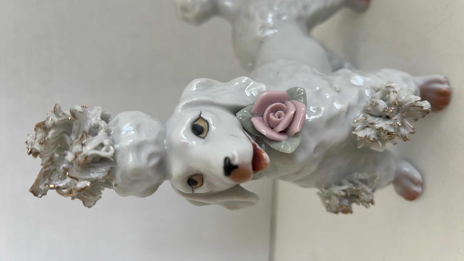 Photo 3 of WHITE SPAGHETTI POODLE DOG FIGURINE PINK ROSE AND PAWS GOLD GILT 6.5”