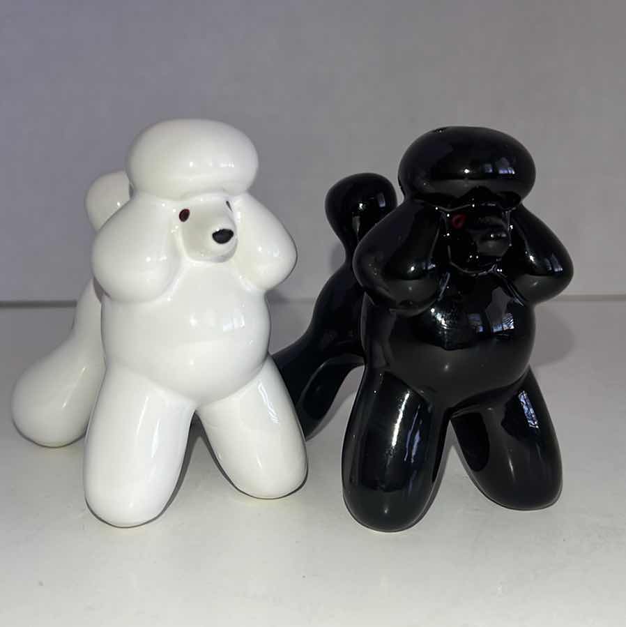 Photo 1 of CERAMIC POODLE DOG BLACK & WHITE SALT & PEPPER SHAKERS-2 2.75”