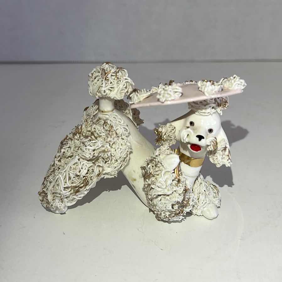 Photo 1 of VINTAGE 1950’S POODLE DOG W/SPAGHETTI TRIM AND UMBRELLA 3”