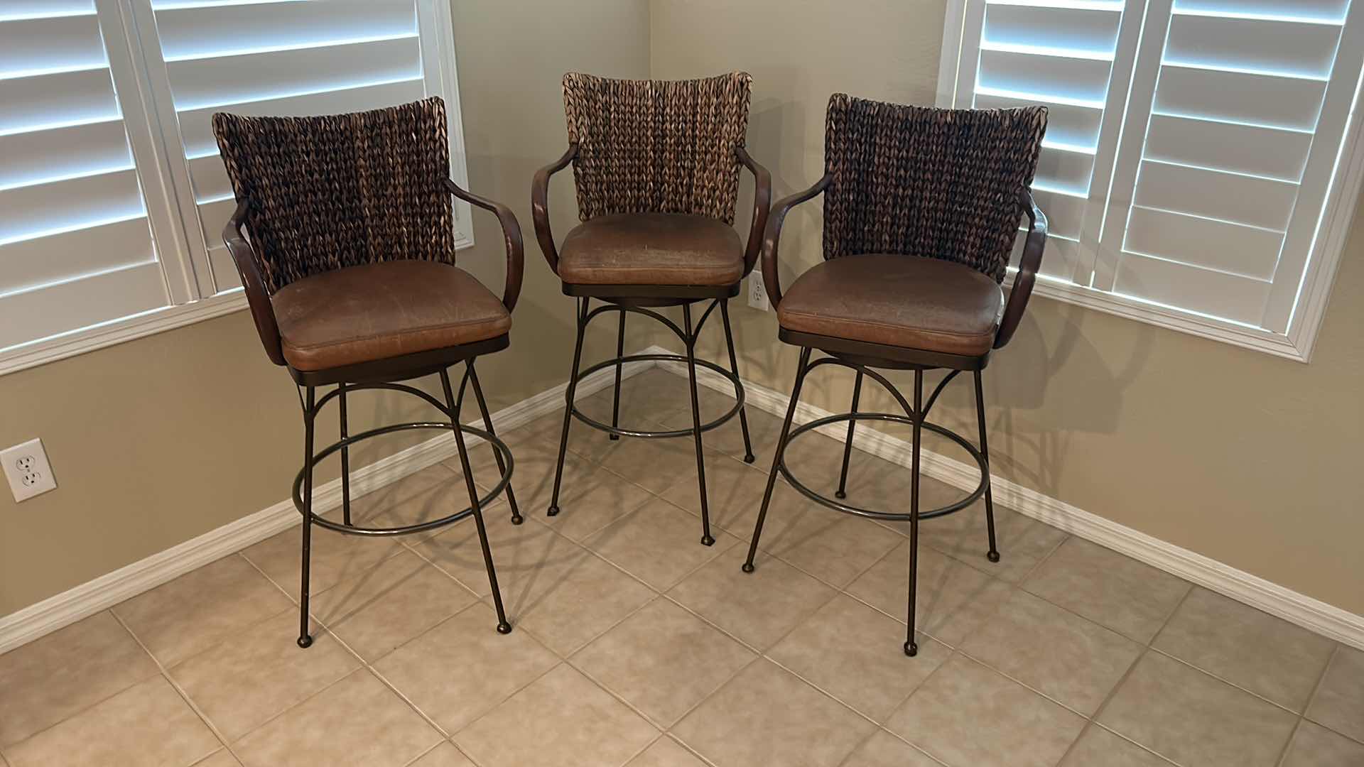 Photo 7 of 3-METAL AND RATTAN WOVEN SWIVEL BAR STOOLS W LEATHER SEATS,
SEAT HEIGHT 30", OVERALL HEIGHT 44"