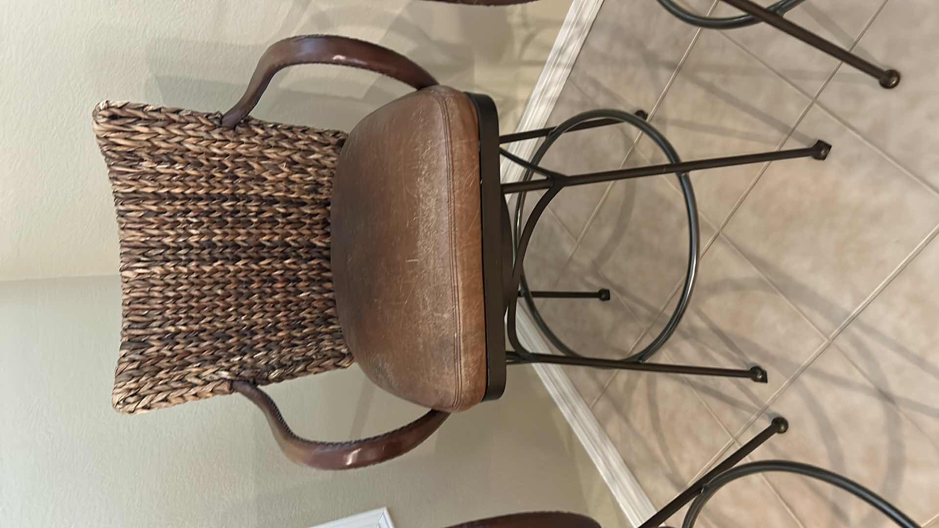 Photo 2 of 3-METAL AND RATTAN WOVEN SWIVEL BAR STOOLS W LEATHER SEATS,
SEAT HEIGHT 30", OVERALL HEIGHT 44"
