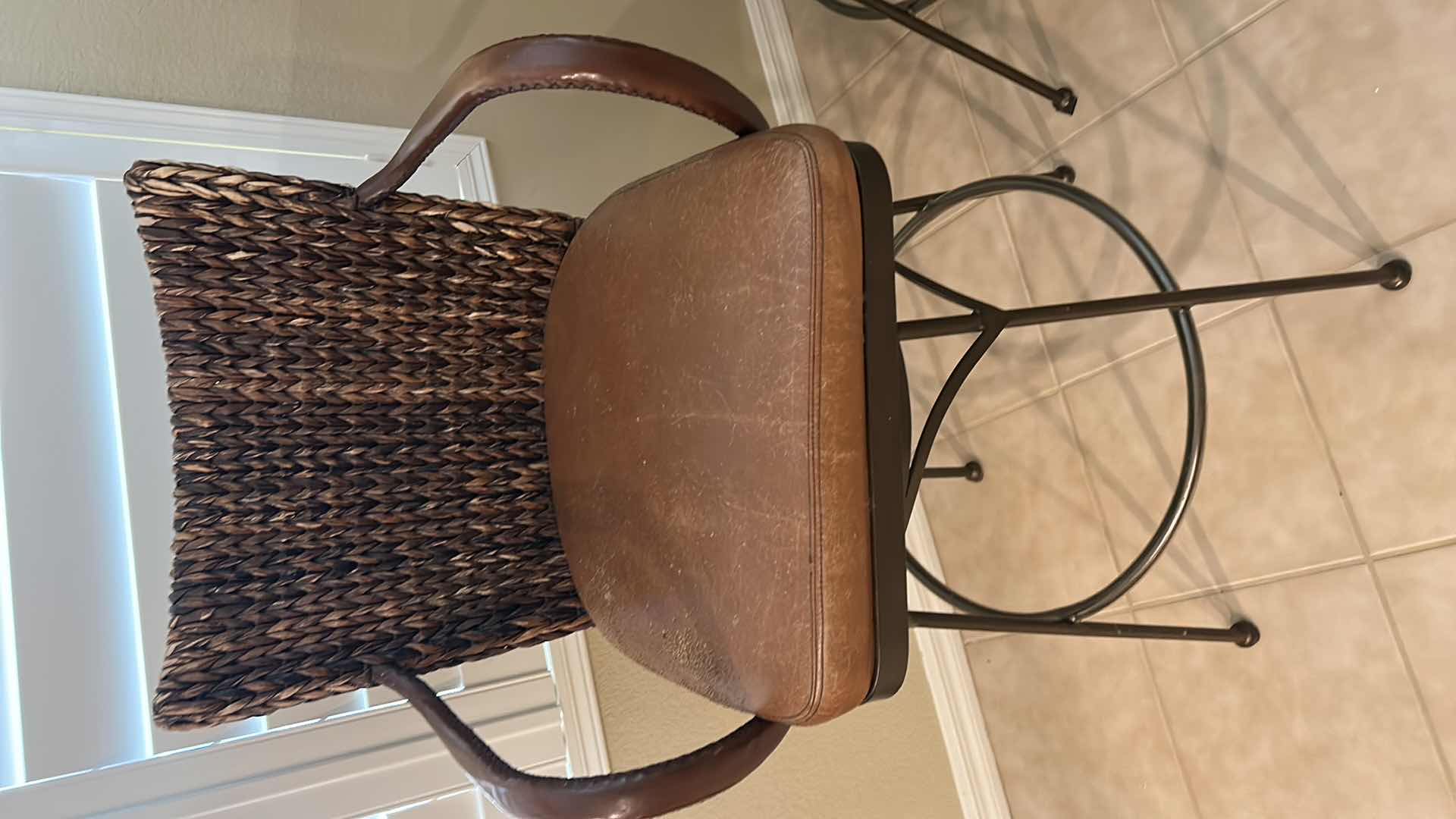 Photo 4 of 3-METAL AND RATTAN WOVEN SWIVEL BAR STOOLS W LEATHER SEATS,
SEAT HEIGHT 30", OVERALL HEIGHT 44"