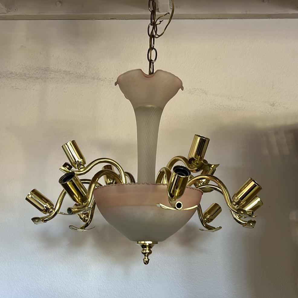 Photo 3 of VINTAGE MIRANO PEACH AND WHITE GLASS AND BRASS CHANDELIER WITH LEAVES