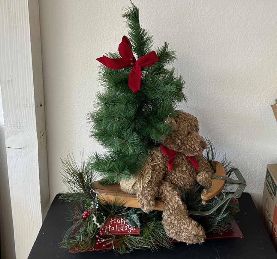 Photo 2 of CHRISTMAS BEAR ON SLED WITH TREE H22”