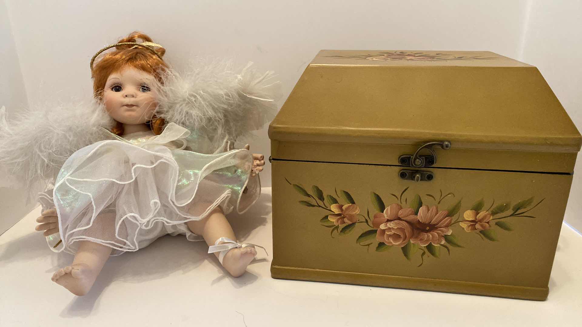 Photo 1 of HAND PAINTED BOX 9“ x 7“ H 7.5” AND PORCELAIN DOLL H 8”