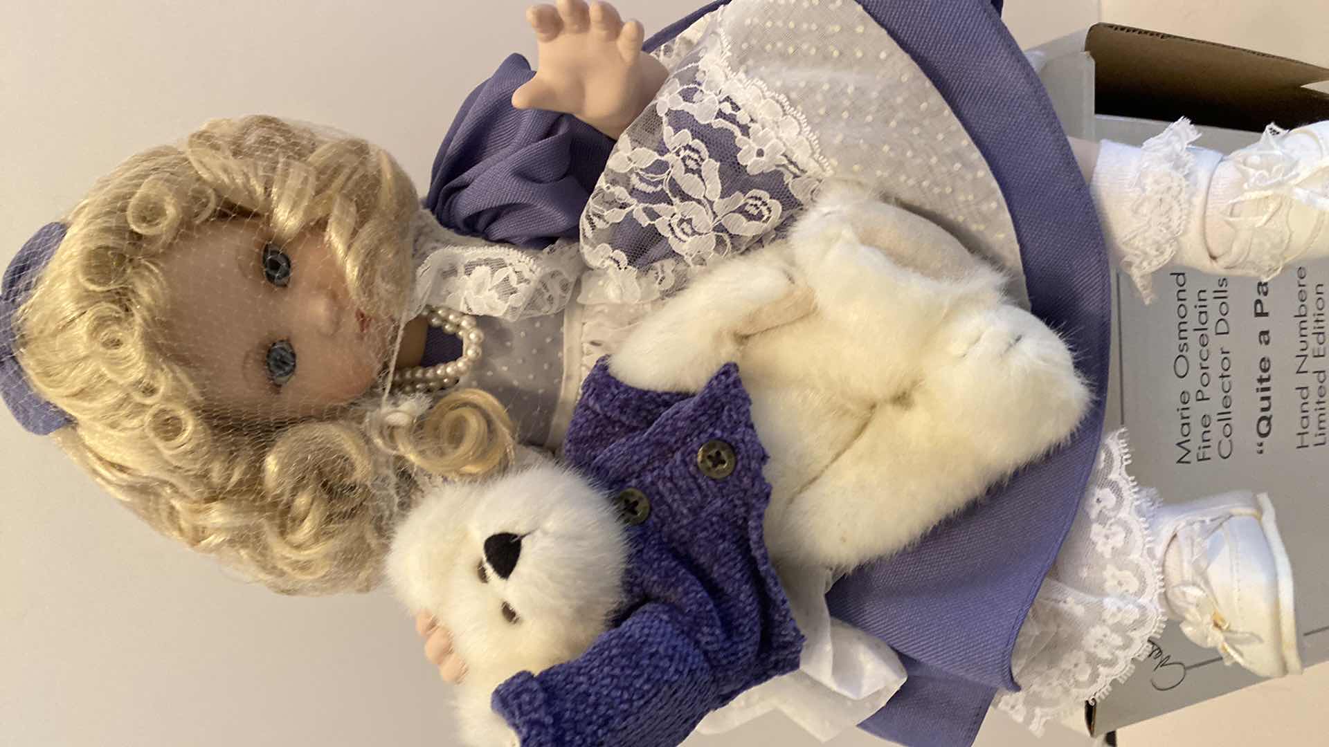 Photo 2 of MARIE OSMOND FINE PORCELAIN SEATED BLOND GIRL DOLL AND BOYDS BEAR COLLECTIBLES DOLL H 15” $60