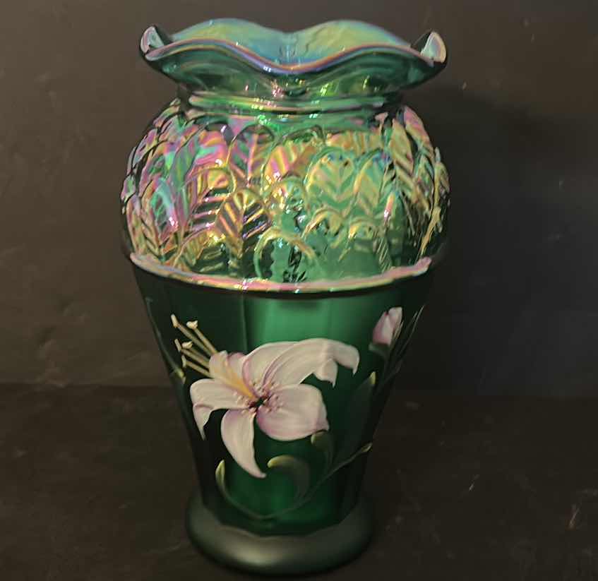 Photo 1 of SIGNED HAND PAINTED IRIDESCENT VASE 8.25”