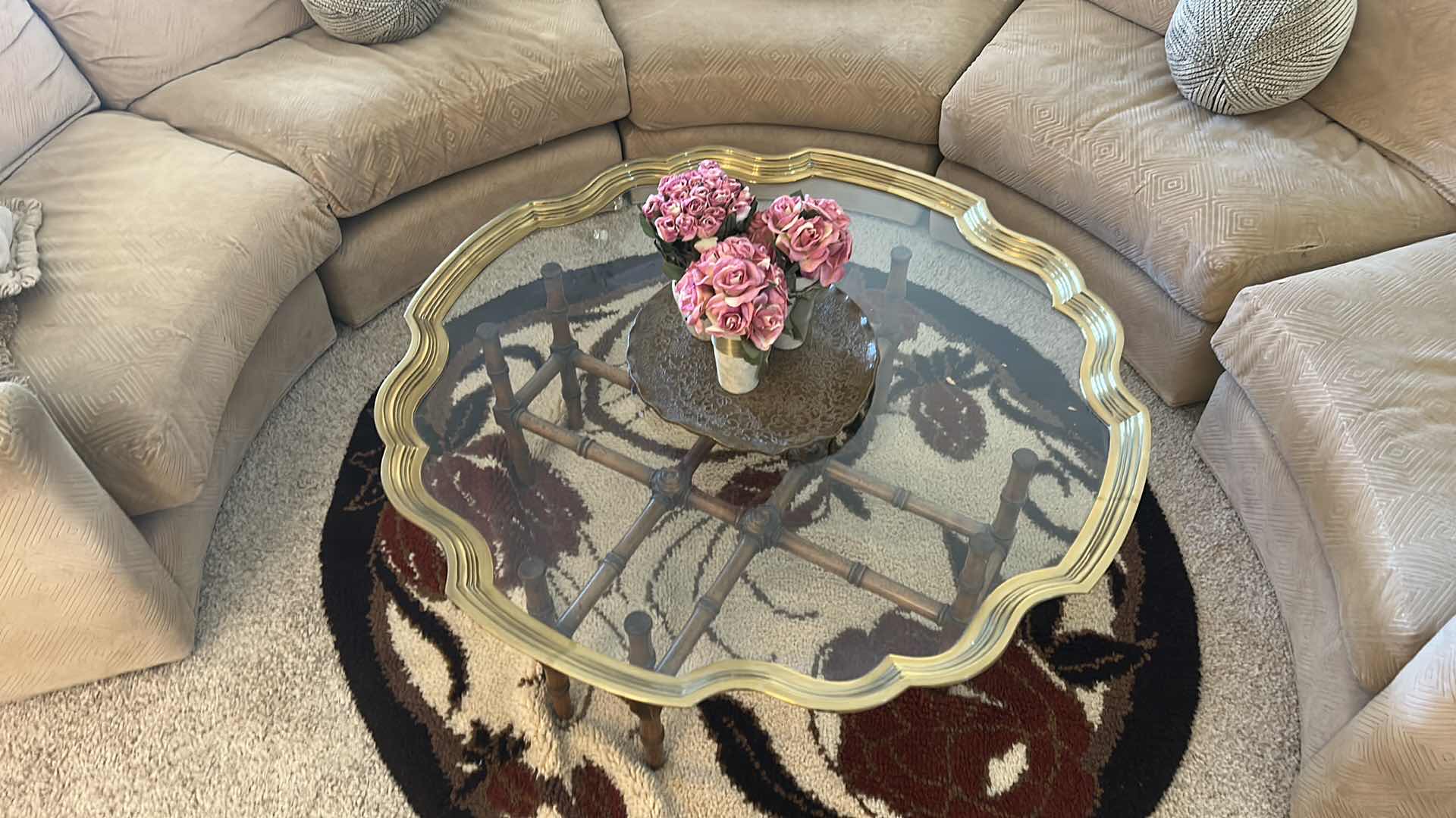 Photo 5 of SCALLOPED BRASS GLASS TOP COFFEE TABLE ON WOOD STAND 43” x 16”