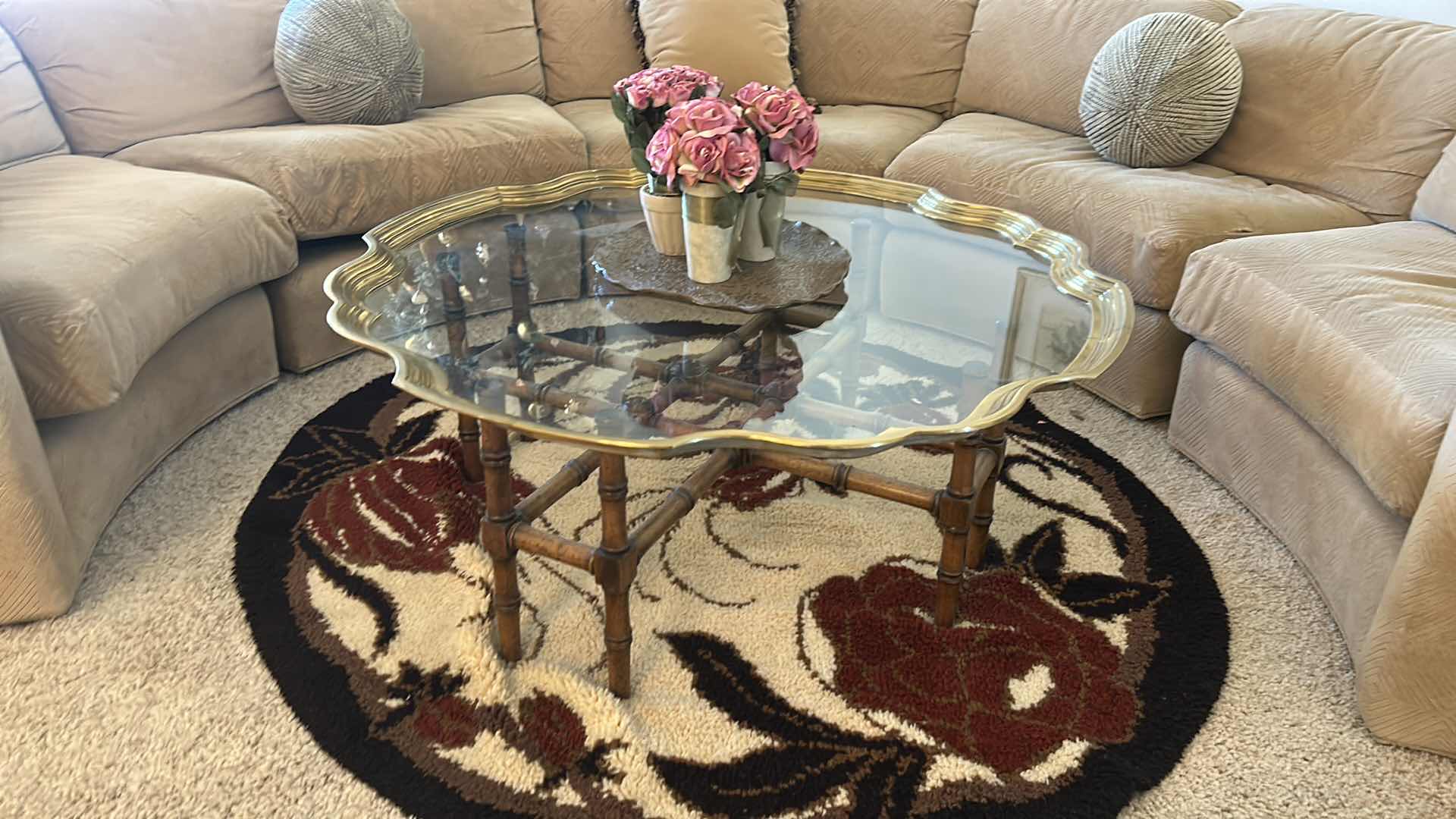 Photo 1 of SCALLOPED BRASS GLASS TOP COFFEE TABLE ON WOOD STAND 43” x 16”