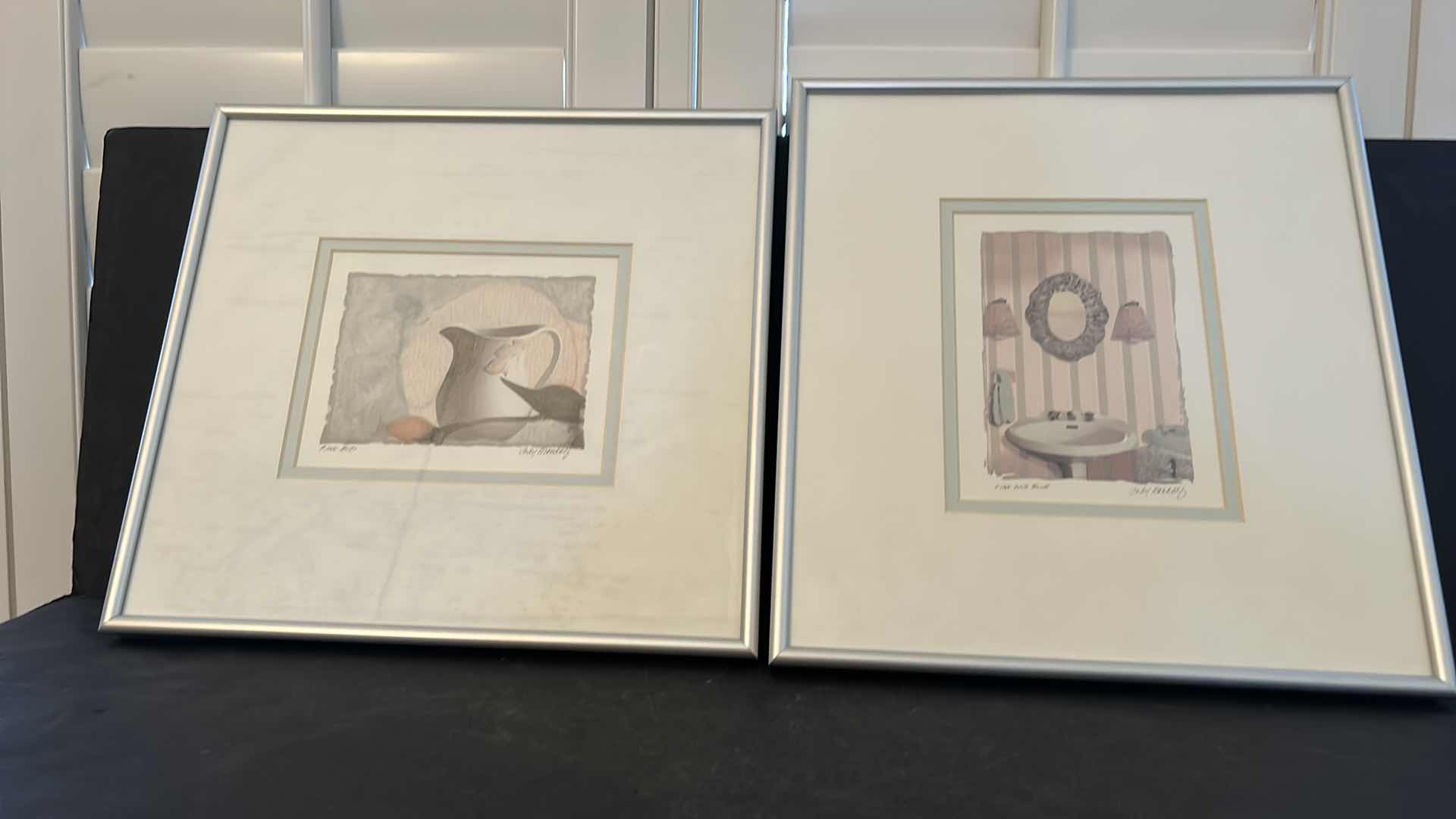 Photo 1 of 2 PIECE MUTED SOFT SHADES SIGNED ARTWORK, FRAMED 12 1/2” x 13 1/2”