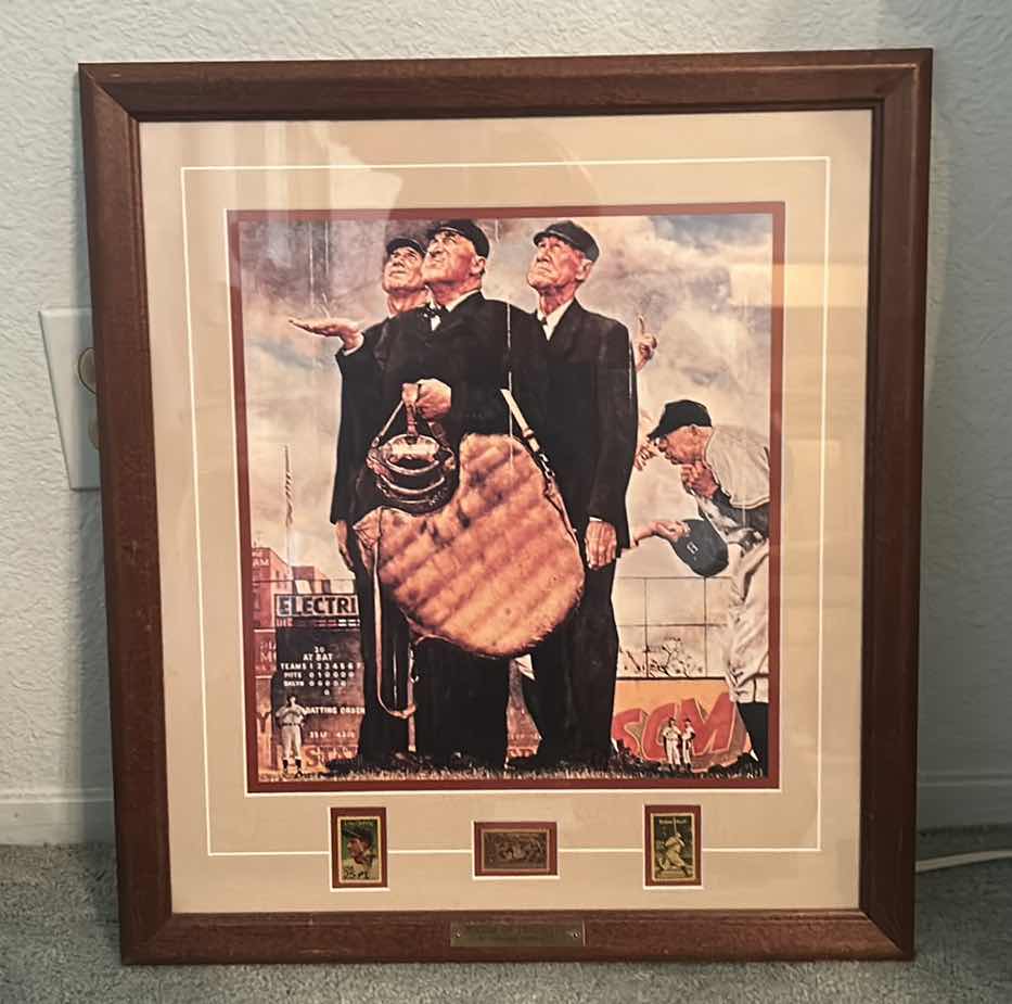 Photo 1 of “TOP OF THE 6th” NORMAN ROCKWELL WITH STAMPS, FRAMED ARTWORK 18” x 20”