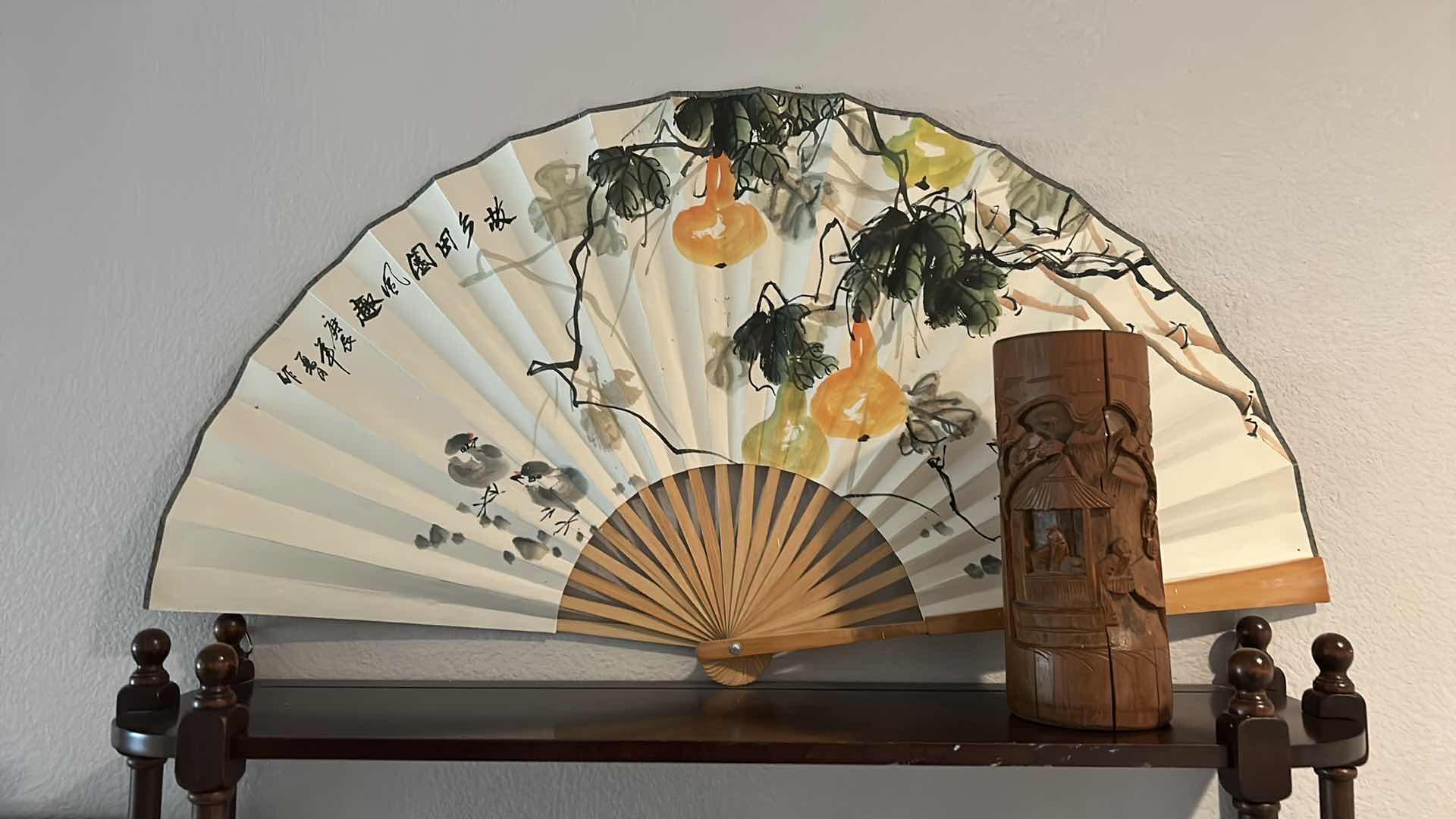 Photo 1 of ASIAN HOME DECOR / HAND PAINTED FAN 33” x 20” AND CARVED WOOD VESSEL H9.5”