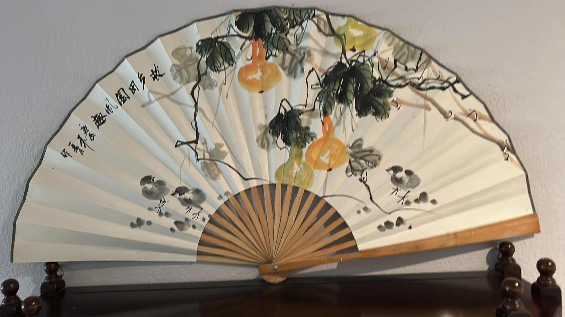Photo 2 of ASIAN HOME DECOR / HAND PAINTED FAN 33” x 20” AND CARVED WOOD VESSEL H9.5”