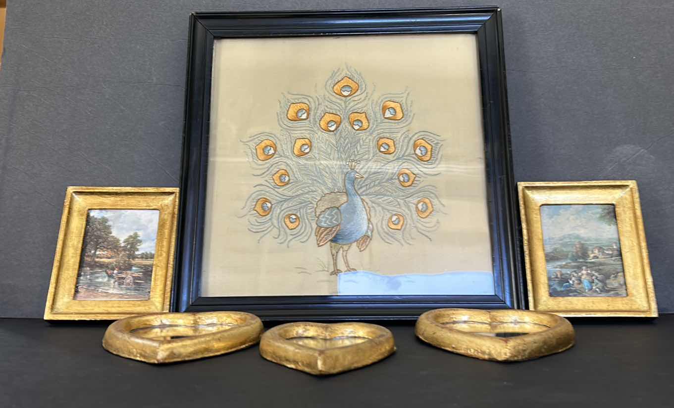 Photo 1 of HOME DECOR ASSORTMENT, NEEDLE POINT PEACOCK 12.5” x 12.5” ITALIAN ARTWORK IN GOLD FRAMES AND 3 ITALIAN GOLD FRAMED HEART MIRRORS
