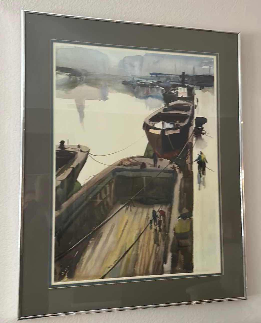 Photo 1 of WALL DECOR- ARTIST SIGNED WATERCOLOR “BOATS”, FRAMED ARTWORK 28” x 35”