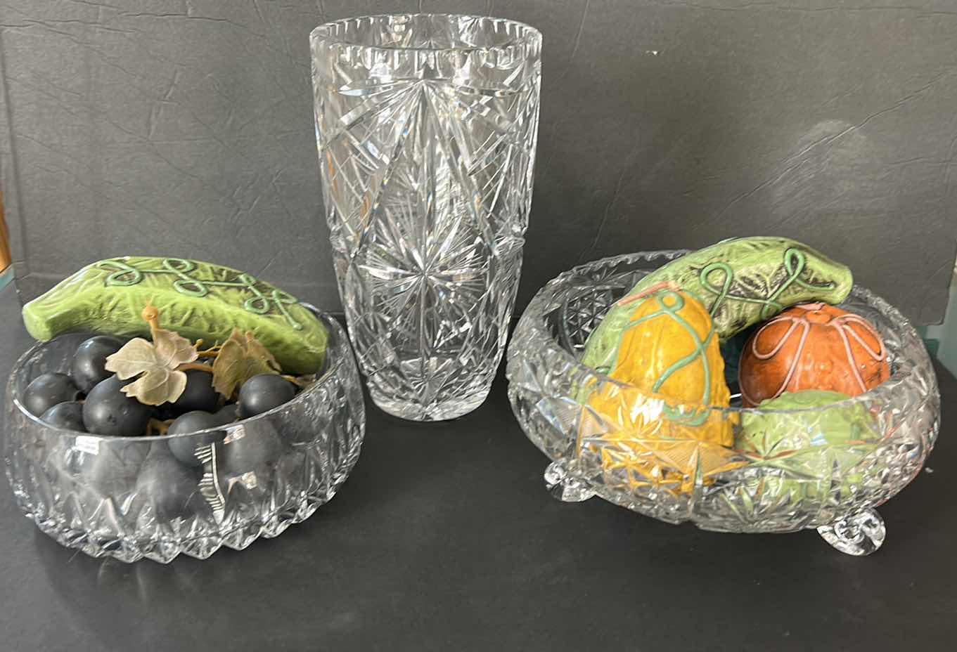 Photo 1 of LEADED CUT CRYSTAL ASSORTMENT WITH FAUX FRUIT (VASE H 10”)