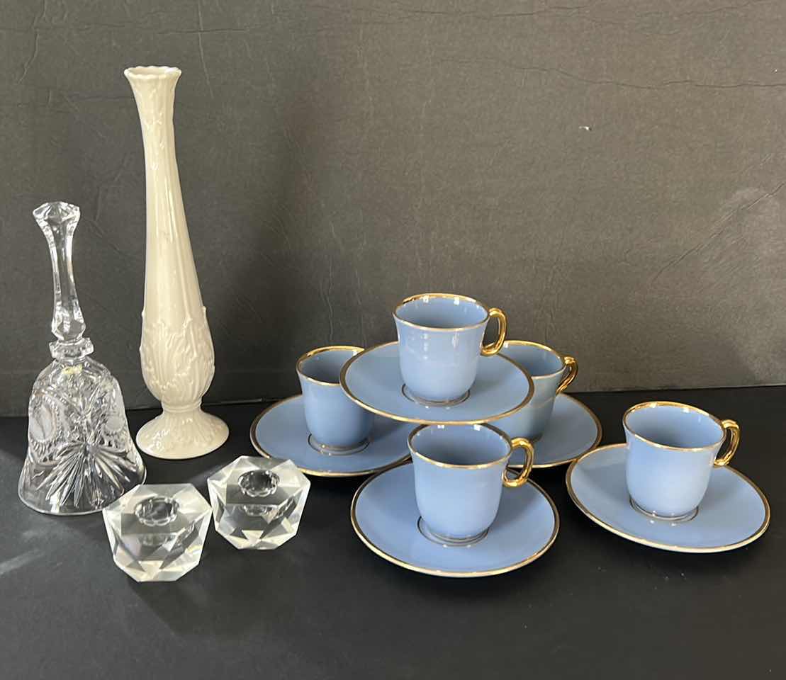 Photo 1 of FRENCH GOLD TIPPED BLUE PORCELAIN TEA CUPS, LENOX VASE H10.75” AND MORE