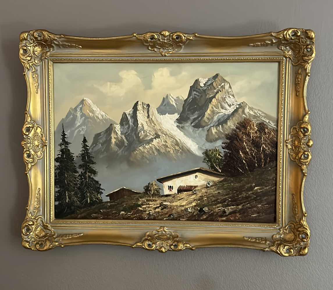 Photo 1 of WALL DECOR - SIGNED PAINT ON CANVAS LANDSCAPE, ORNATE GOLD FRAMED ARTWORK 34” x 25”