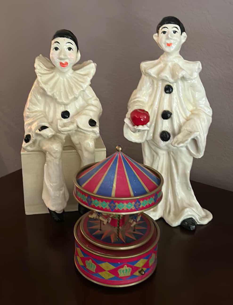 Photo 1 of VINTAGE COLLECTIBLES -2 PAPER MACHE CLOWNS AND MUSICAL TIN CAROUSEL (TALLEST 13.5”