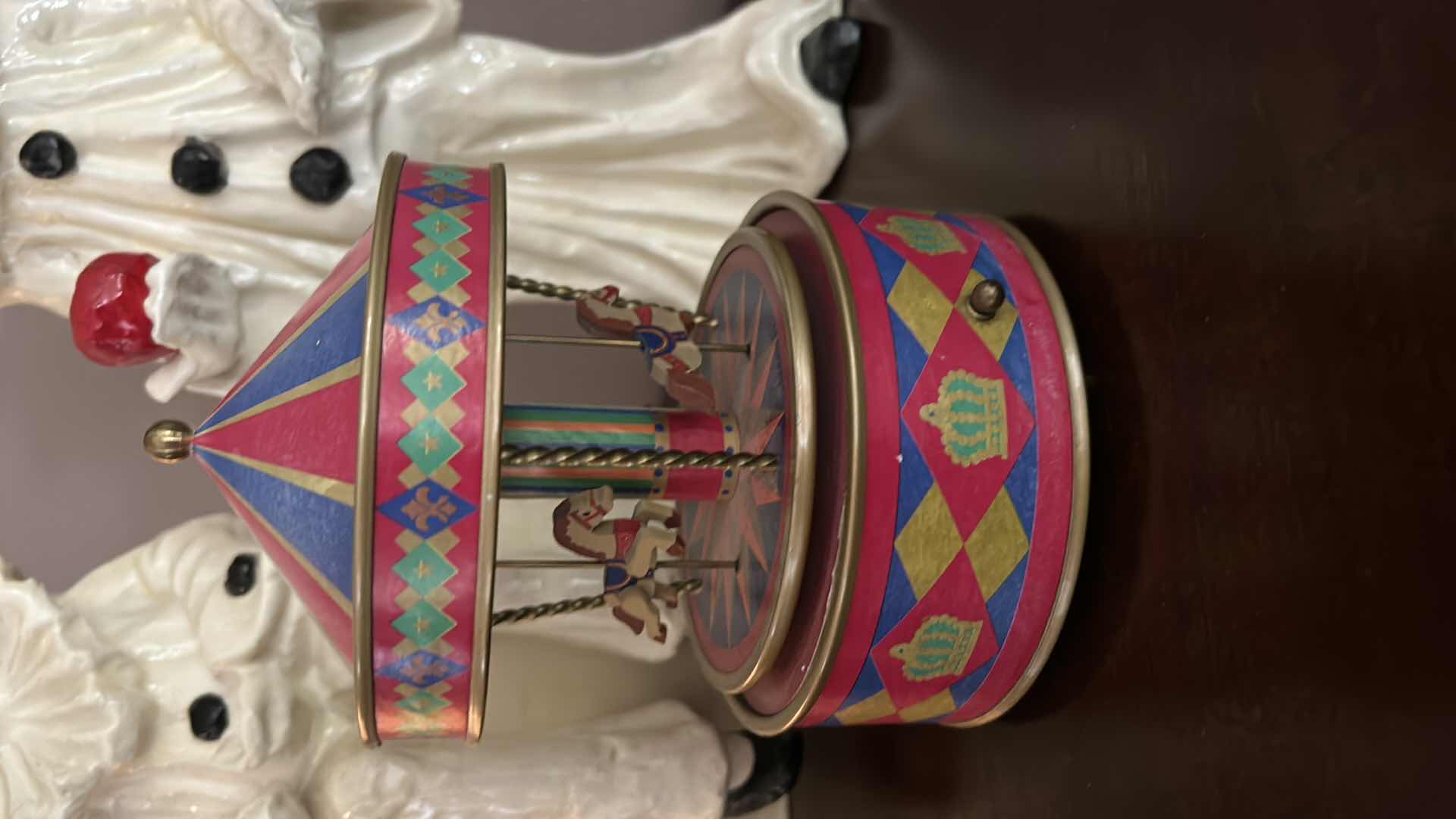 Photo 2 of VINTAGE COLLECTIBLES -2 PAPER MACHE CLOWNS AND MUSICAL TIN CAROUSEL (TALLEST 13.5”
