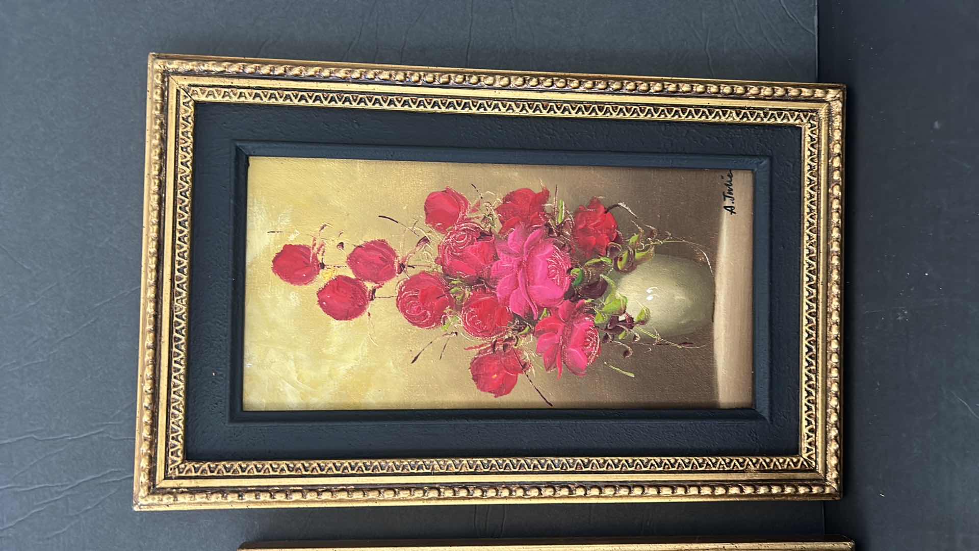 Photo 2 of 4 PC WALL DECOR, SIGNED OIL ON CANVAS ROSES, ORNATE GOLD FRAMED ARTWORK (TALLEST MEASURES 9.5” x 16”)AND TWO VINTAGE CHERUBS