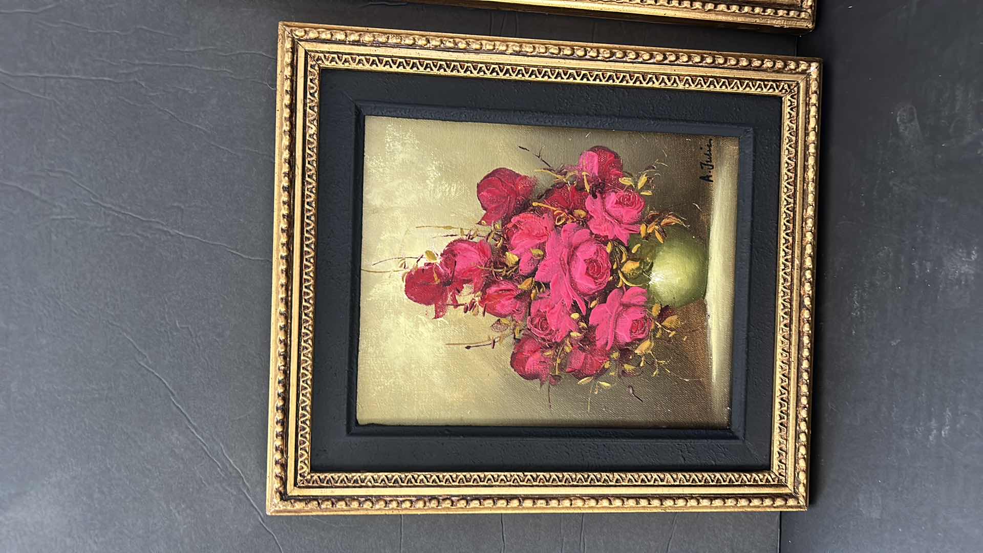 Photo 3 of 4 PC WALL DECOR, SIGNED OIL ON CANVAS ROSES, ORNATE GOLD FRAMED ARTWORK (TALLEST MEASURES 9.5” x 16”)AND TWO VINTAGE CHERUBS