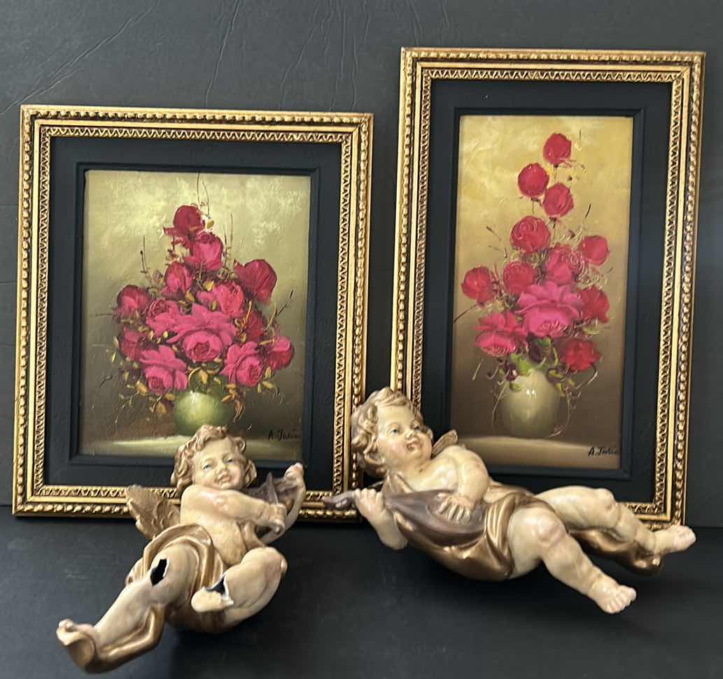 Photo 1 of 4 PC WALL DECOR, SIGNED OIL ON CANVAS ROSES, ORNATE GOLD FRAMED ARTWORK (TALLEST MEASURES 9.5” x 16”)AND TWO VINTAGE CHERUBS