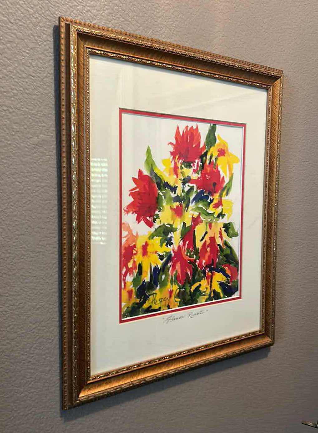 Photo 1 of WALL DECOR - SIGNED WATERCOLOR “ FLOWER RIOT” GOLD FRAMED ARTWORK 19” x 22 1/2”
