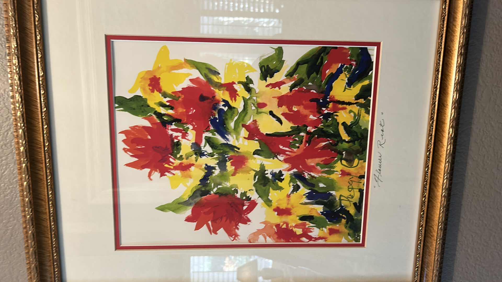 Photo 2 of WALL DECOR - SIGNED WATERCOLOR “ FLOWER RIOT” GOLD FRAMED ARTWORK 19” x 22 1/2”