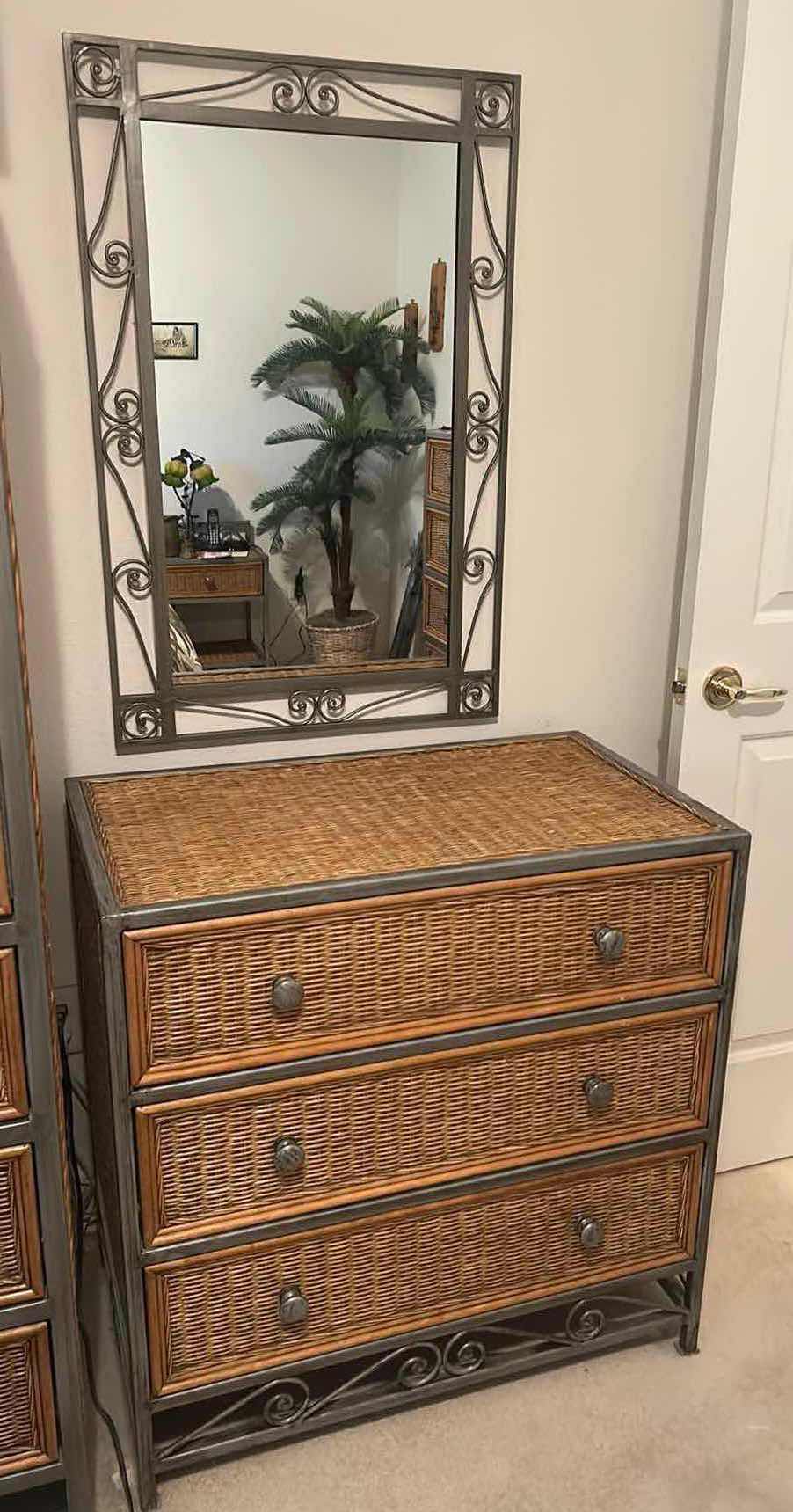 Photo 1 of RATAN AND METAL CHEST OF DRAWERS 32” x 20” x 32” AND METAL MIRROR 2’ x 3’