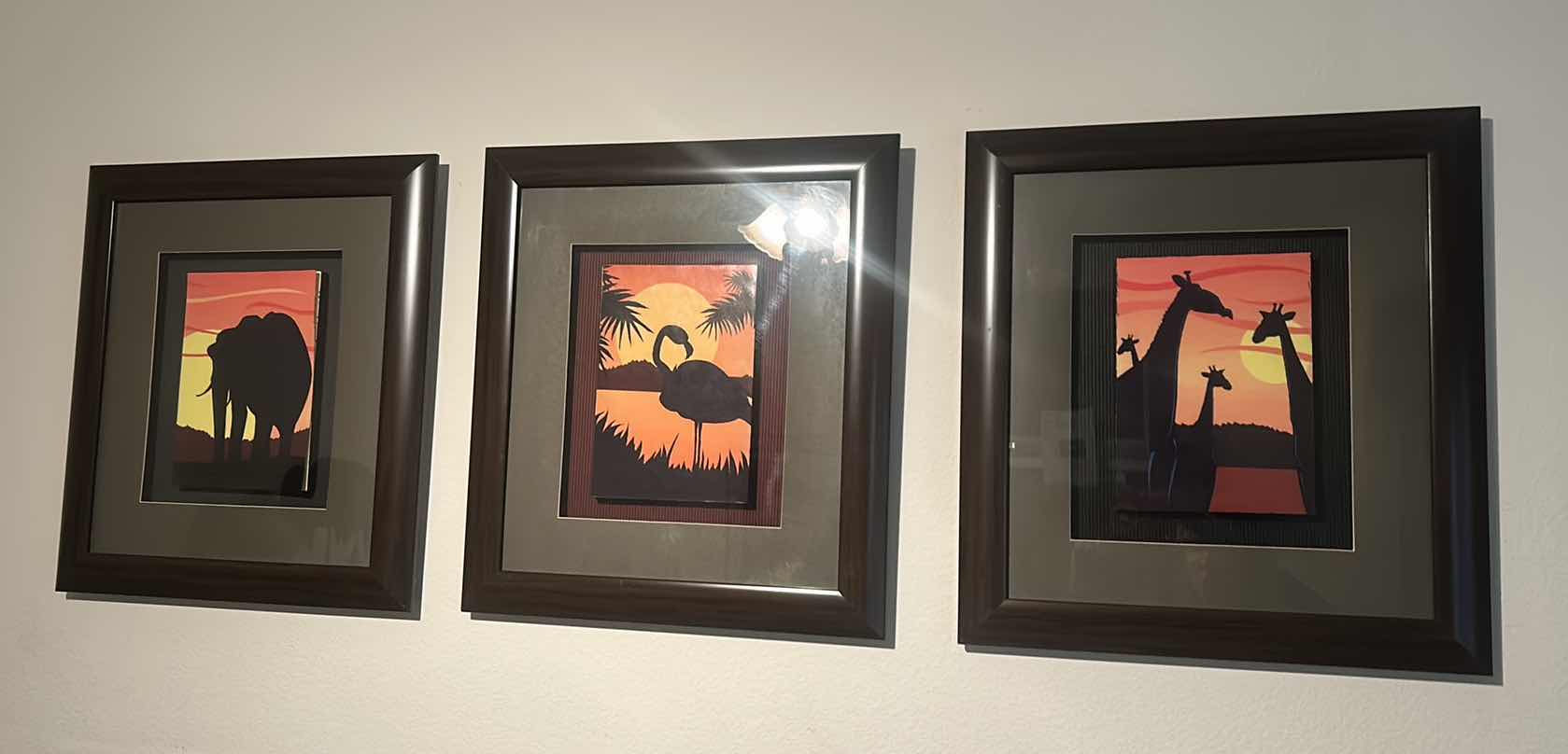 Photo 1 of 3 PC WALL DECOR, AFRICAN SUNSET WITH ELEPHANT, AND FLAMINGO, FRAMED ARTWORK EACH 
18” x 20”