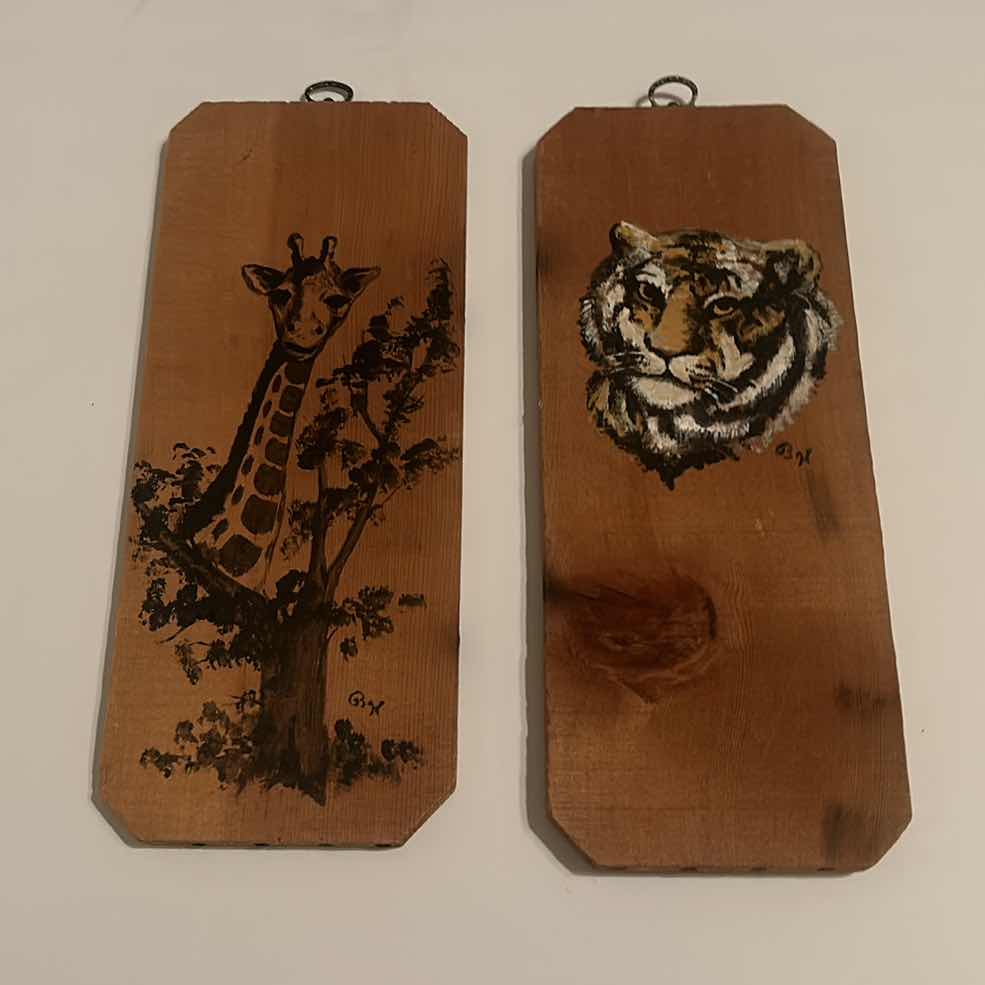 Photo 1 of ACRYLIC PAINTINGS ON WOOD BY BONNIE HOWARD, SIGNED AND NUMBERED ARTWORK GIRAFFE AND TIGER 5 1/2” x 13 1/2”