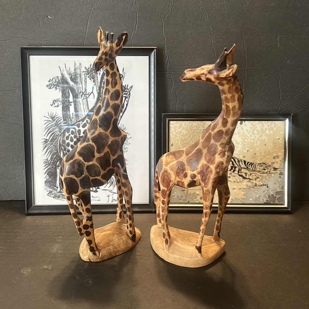 Photo 1 of HOME DECOR ASSORTMENT- 2 PAINTED WOOD GIRAFFES  H12” AND ARTWORK