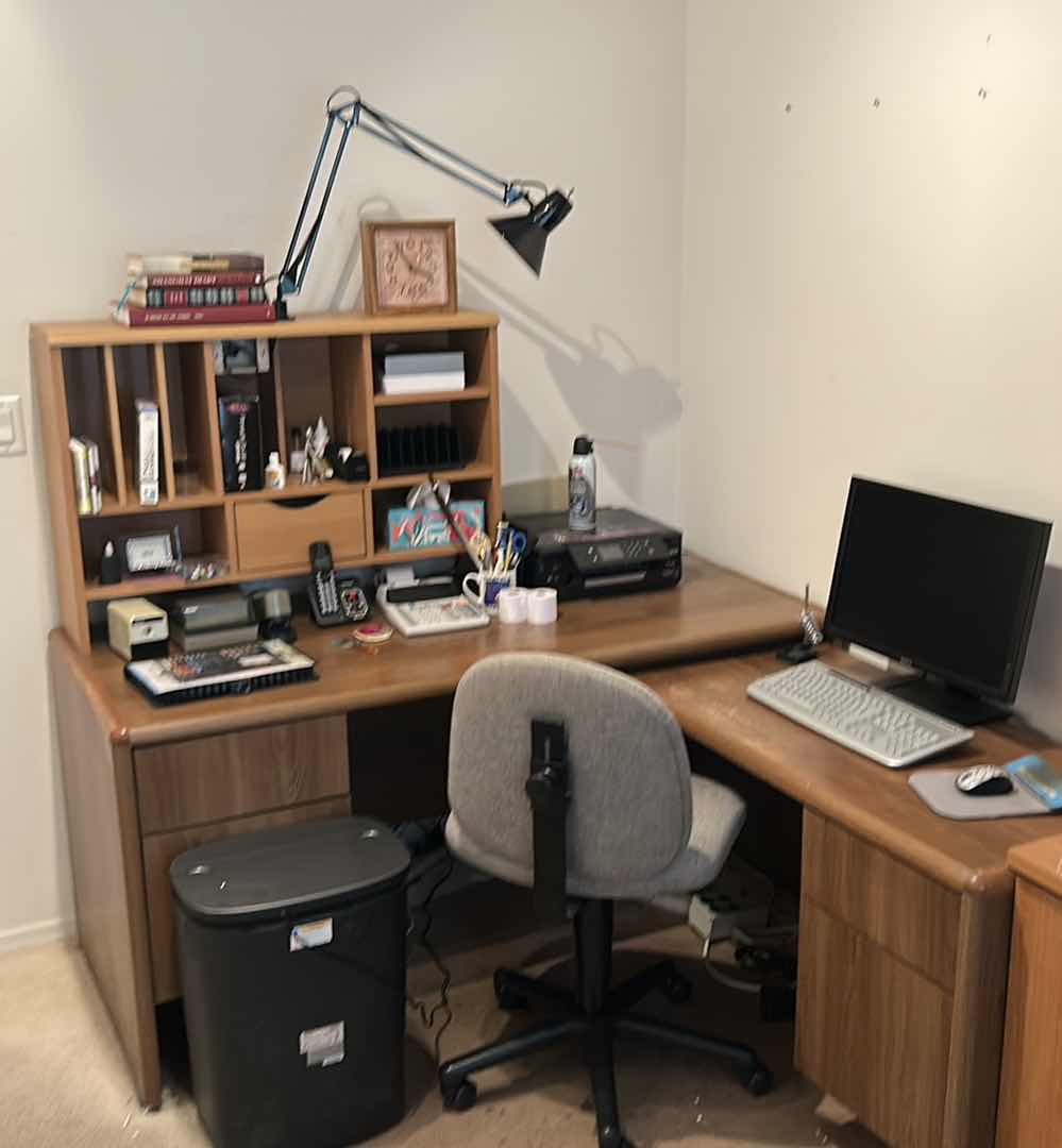 Photo 1 of CORNER DESK UNIT, OFFICE CHAIR, MONITOR, KEYBOARD, SHREDDER, BOOKS AND ACCESSORIES ( DESK 62” x 29 1/2” RETURN 41” x 21”