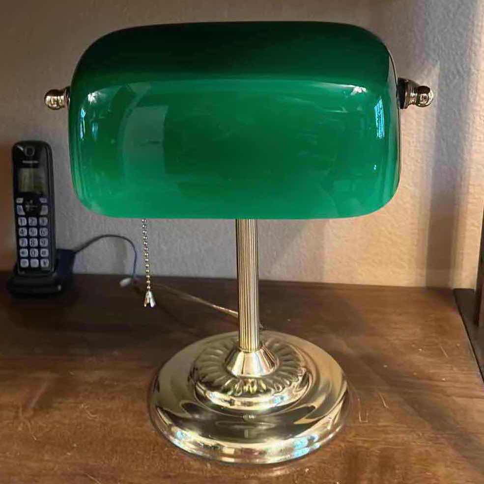 Photo 1 of LAMP - BRASS BASE WITH GREEN GLASS SHADE H13.5”