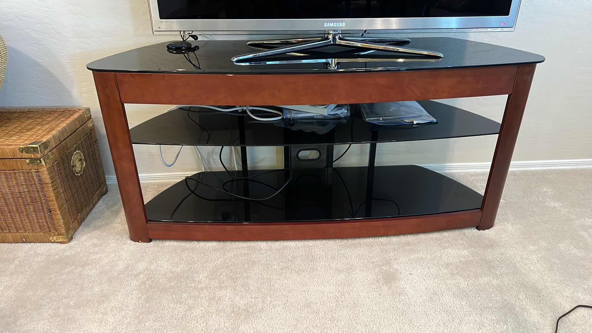 Photo 4 of HOMESTAR BLACK GLASS W WOOD ENTERTAINMENT CENTER 60” x 19” H27” (TV SOLD SEPARATELY)