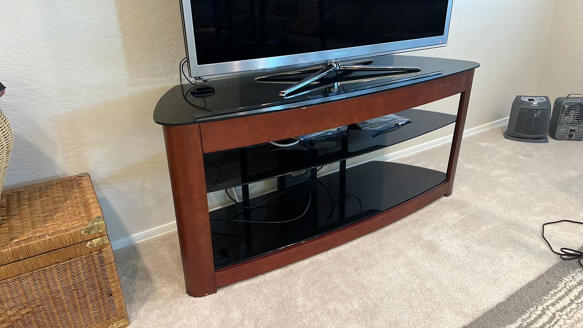 Photo 2 of HOMESTAR BLACK GLASS W WOOD ENTERTAINMENT CENTER 60” x 19” H27” (TV SOLD SEPARATELY)