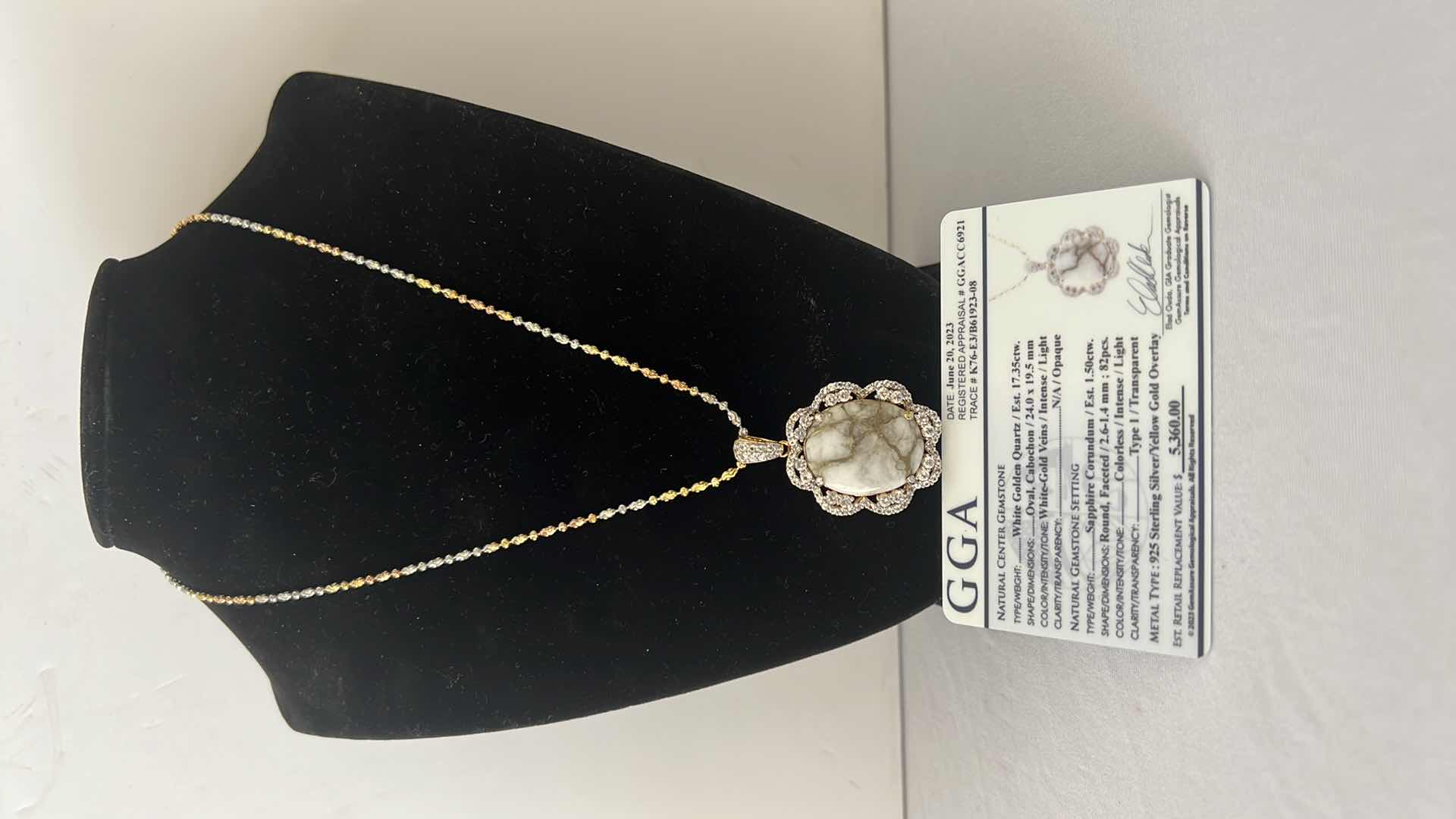 Photo 1 of 925 STERLING SILVER W YELLOW GOLD OVERLAY WHITE GOLDEN QUARTZ & SAPPHIRE NECKLACE (GGA CERTIFIED)  NK015193