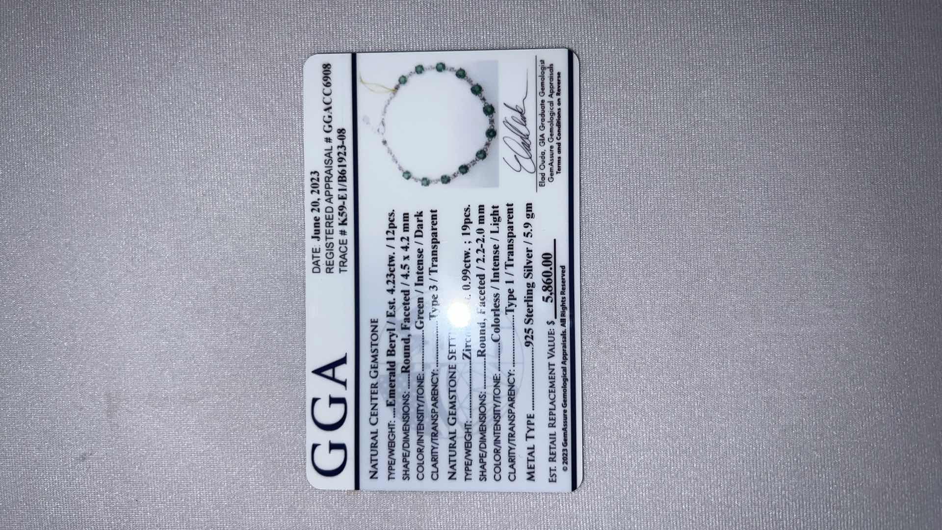 Photo 5 of 925 STERLING SILVER EMERALD BERYL & ZIRCON BRACELET (GGA CERTIFIED)  BROO7943