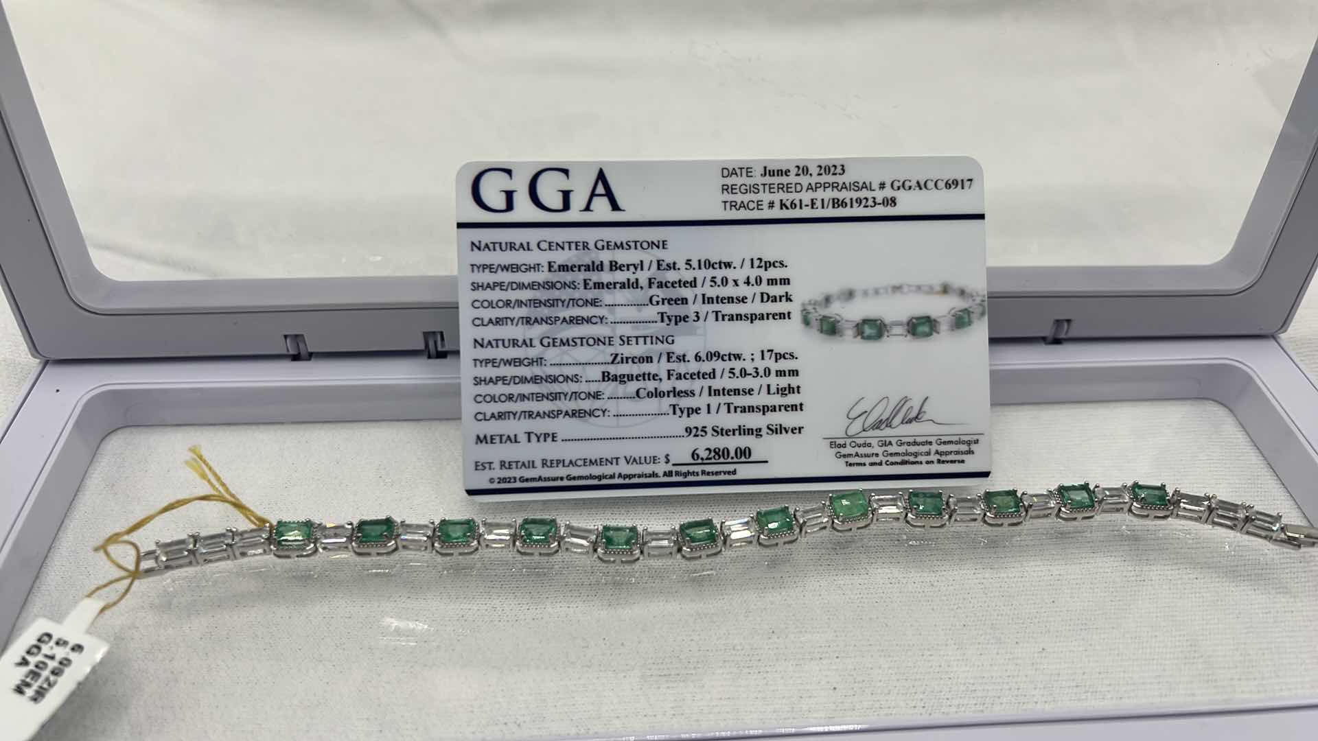 Photo 6 of 12.0 GRAMS 925 STERLING SILVER BRACELET W 6.09 CT ZIRCON & 5.10 CT EMERALD (GGA CERTIFICATE)   BR007944