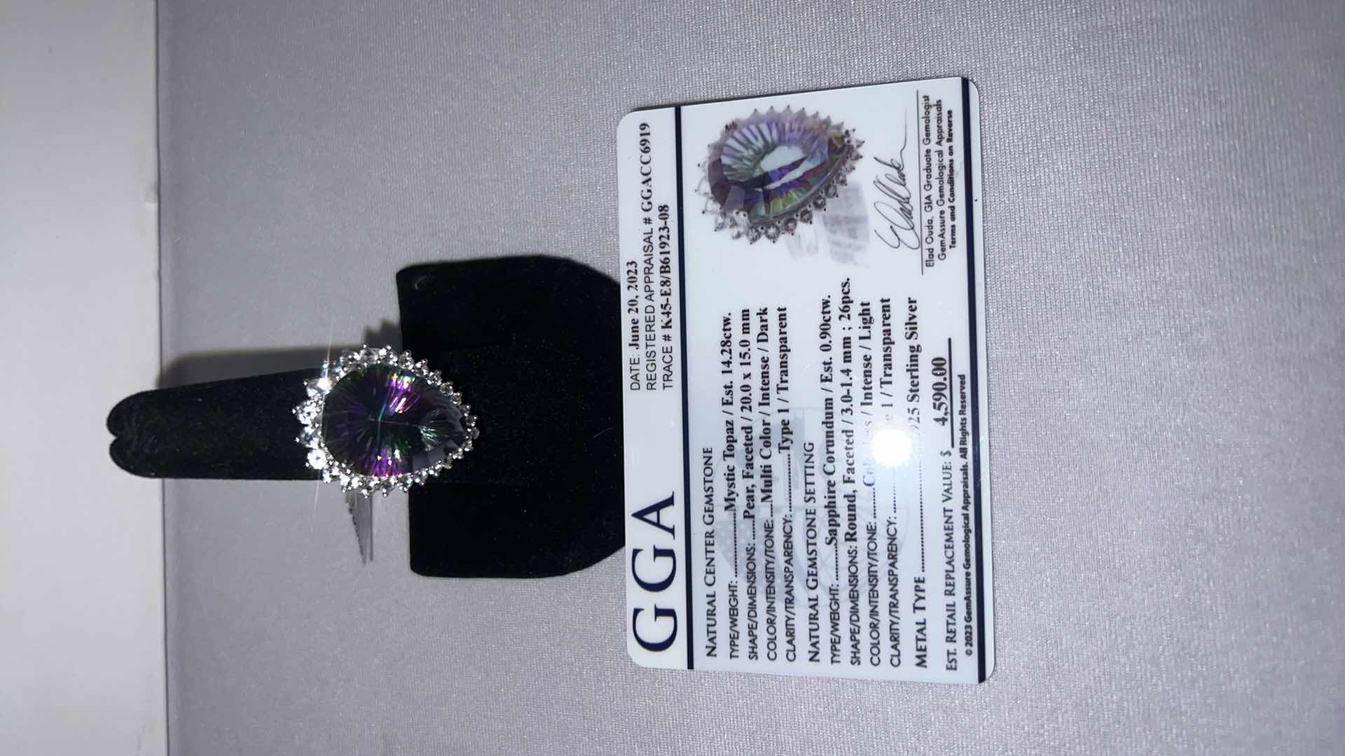 Photo 2 of 925 STERLING SILVER PEAR SHAPED MYSTIC TOPAZ & SAPPHIRE CORUNDUM RING-GGA CERTIFIED-APPROX. SIZE 6.5    RN034341