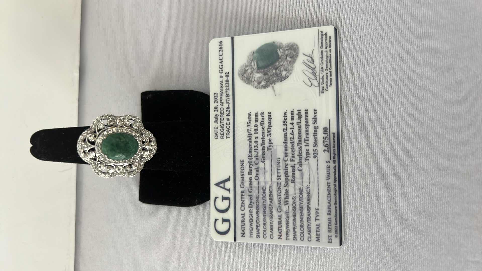 Photo 6 of 925 STERLING SILVER DYED GREE BERYL EMERALD & WHITE SAPPHIRE RING-GGA CERTIFIED-APPROX. SIZE 6.5     RN034969